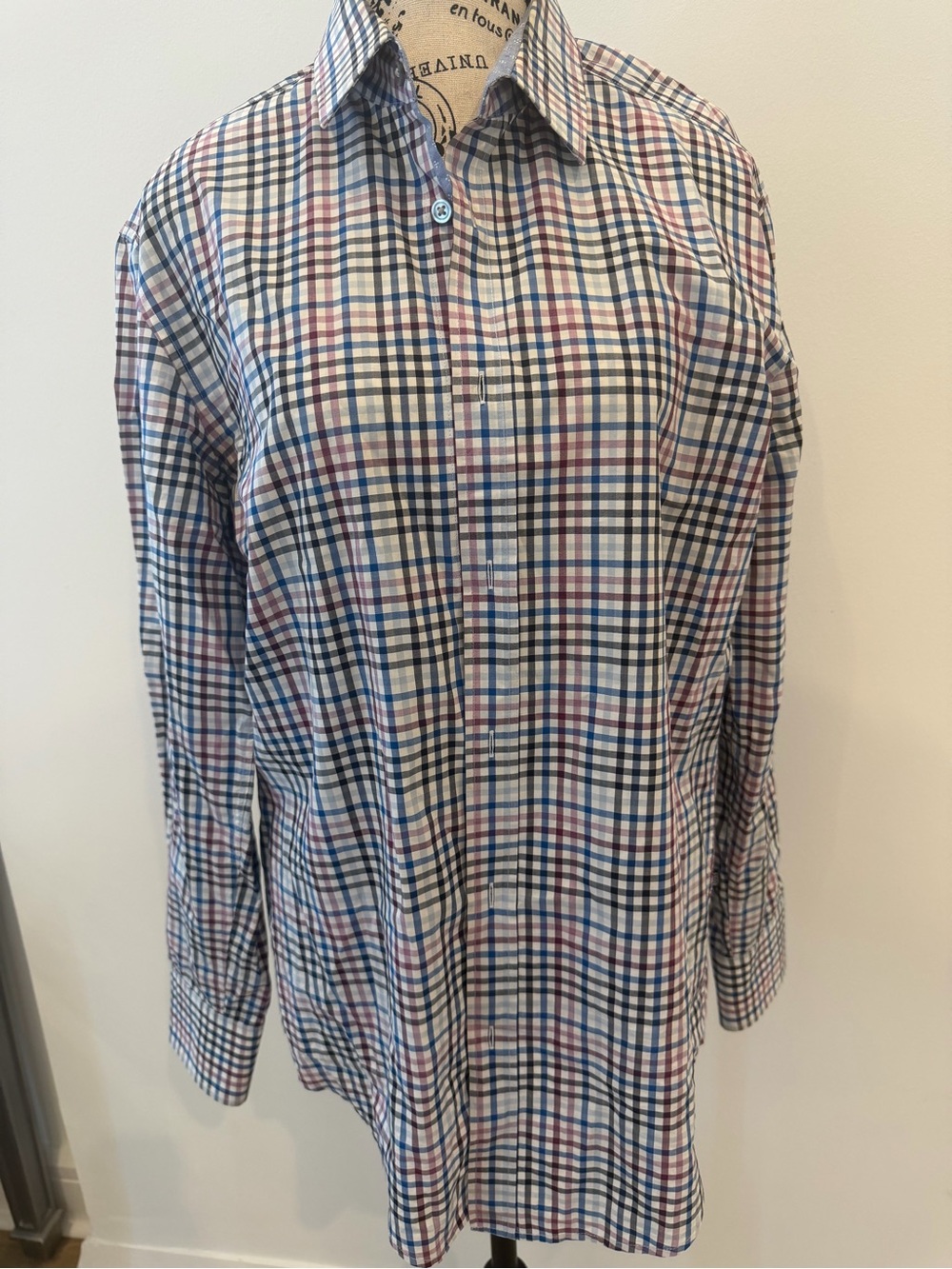 Men's Plaid Button-Up Shirt in Navy, Dark Red, Black & White